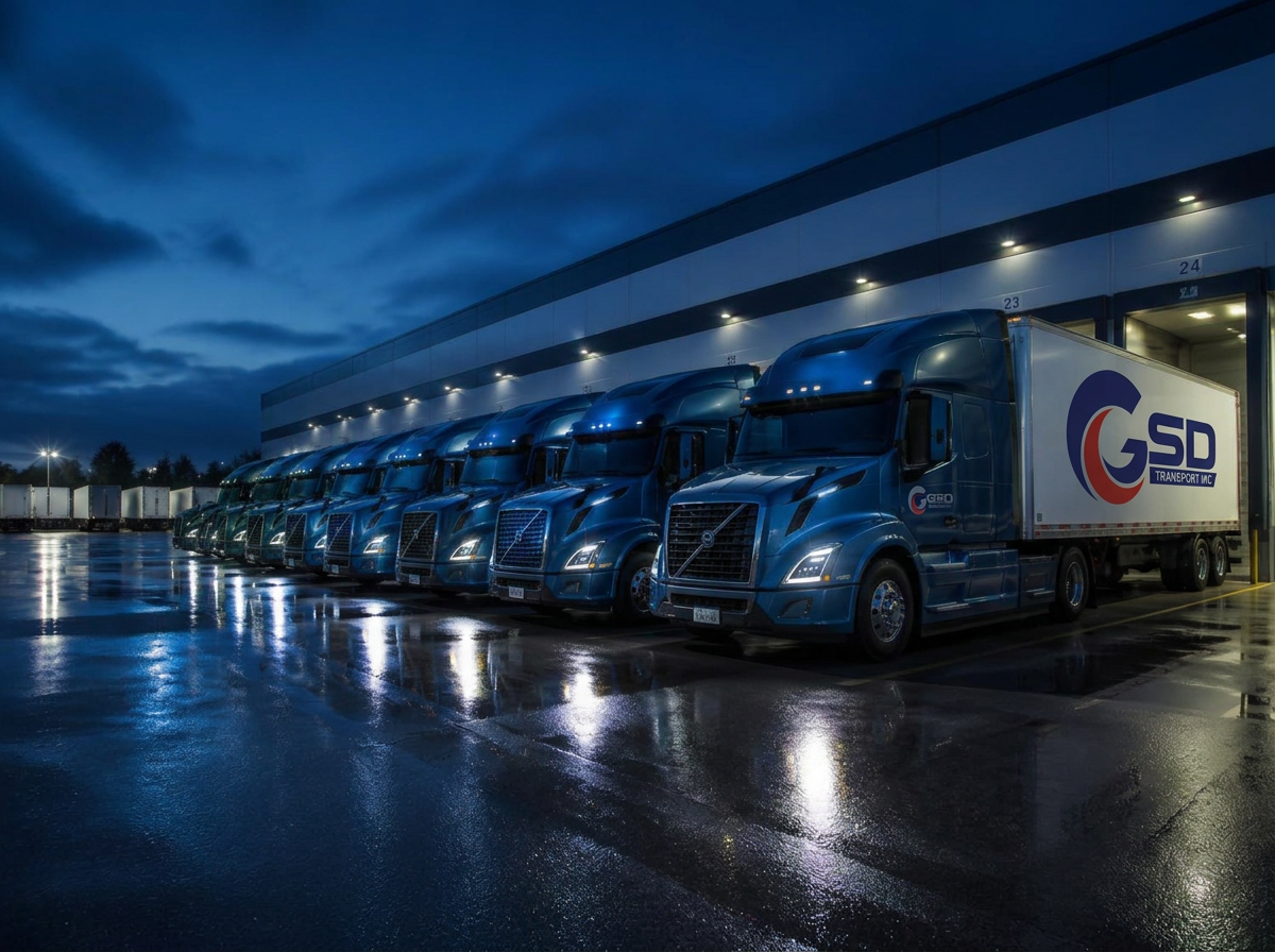 GSD Transport trucks staged at a logistics terminal at blue hour