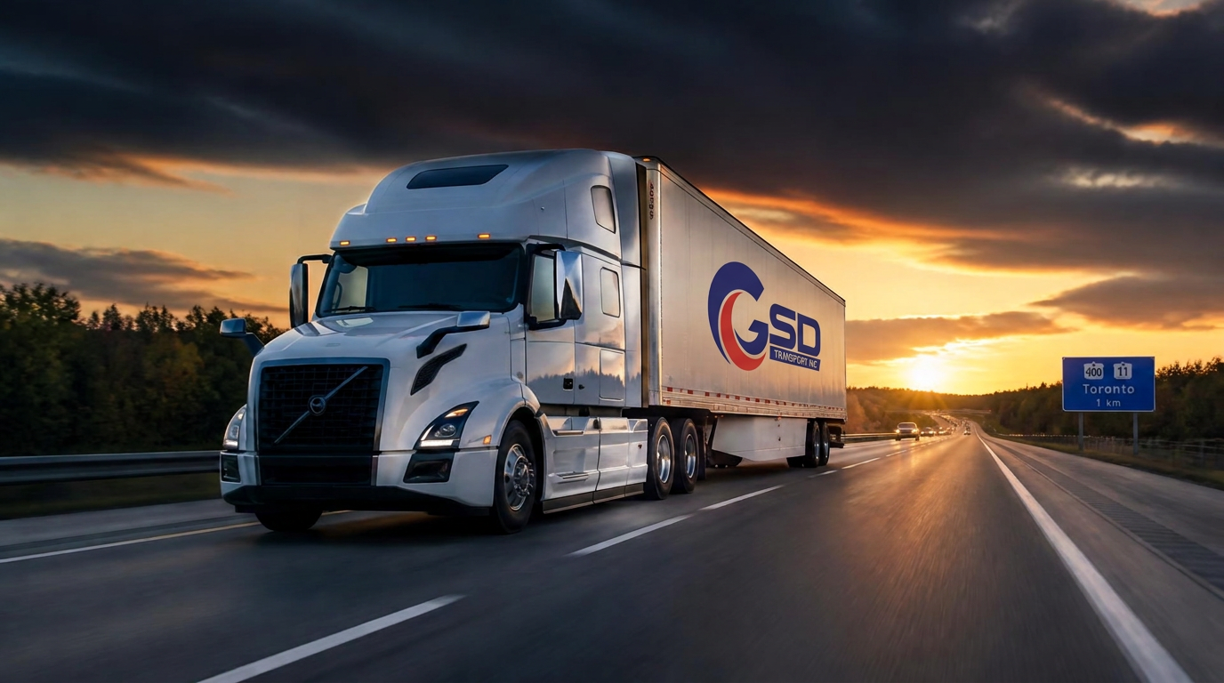 GSD Transport semi-truck travelling an Ontario highway corridor at dusk
